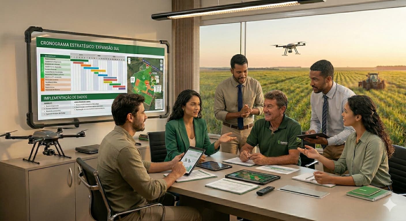 Time de tecnologia dedicado trabalhando em projeto estratégico do agro